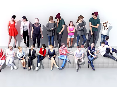 Diverse Group Of People Standing Sitting In Various Casual Attire Poses 3d model