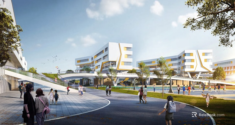 Modern Campus With Stylish School Buildings People Activities And Green Trees 3d model 