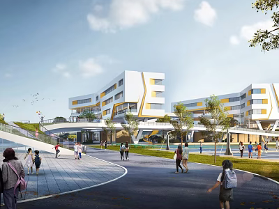 Modern Campus With Stylish School Buildings People Activities And Green Trees 3d model