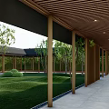 Modern Square Pergola With Dark Sloped Roof And Green Courtyard Trees