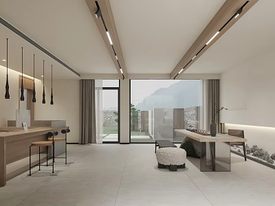 Modern Hotel Lobby Interior With Spacious Layout Reception Desk And Floor to Ceiling Windows 3d model