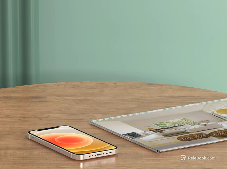 Smartphone With Orange Screen And Tablet Showing Home Interior On Wooden Table 3d model 