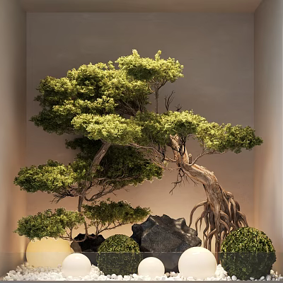 Serene Garden Ornament Featuring Bonsai Tree With Lush Green Foliage Exposed Roots And Decorative Rocks 3d model