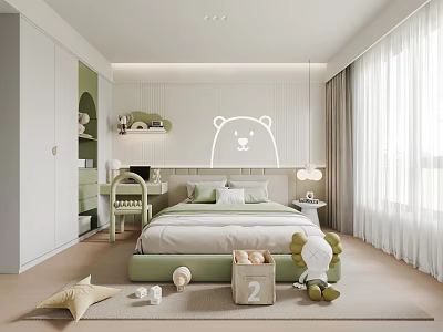 Cozy Green Kids Bedroom With Bear Wall Decal Bed Desk And Toys 3d model