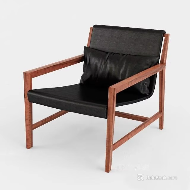 Modern Wooden Frame Armchair With Black Leather Seat And Backrest Simple Design 3d model 