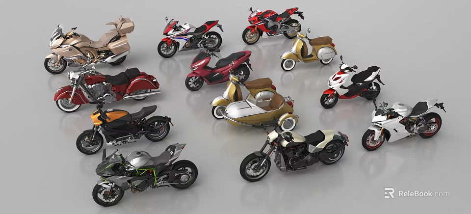 Diverse Motorcycle Collection Featuring Sporty Retro And Scooter Styles In Colorful Designs 3d model 