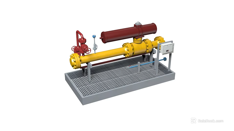 Industrial Equipment with Yellow Pipes Red Valves Cylindrical Component and Control Box on Grid Platform 3d model 