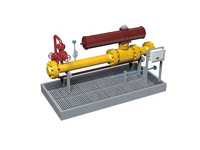 Industrial Equipment with Yellow Pipes Red Valves Cylindrical Component and Control Box on Grid Platform 3d model