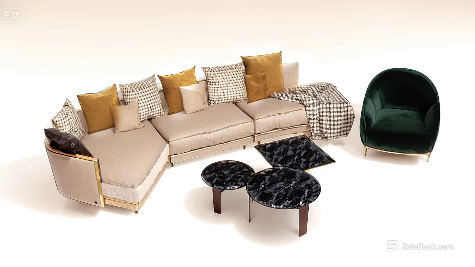 Modern Beige L Sofa With Plaid Throw And Patterned Cushions Round Marble Coffee Table Set 3d model