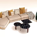 Modern Beige L Sofa With Plaid Throw And Patterned Cushions Round Marble Coffee Table Set 3d model