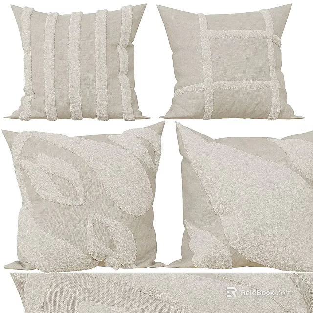 Soft Beige Textured Decorative Pillows With Striped Geometric And Leaf Patterns 3d model 
