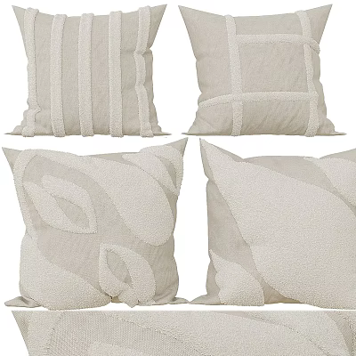 Soft Beige Textured Decorative Pillows With Striped Geometric And Leaf Patterns 3d model