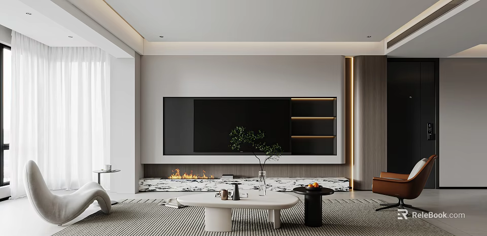 Modern Living Room With Large TV Fireplace White Coffee Table Green Plant And Wooden Accents 3d model 
