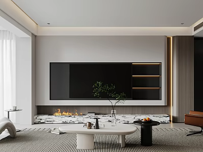 Modern Living Room With Large TV Fireplace White Coffee Table Green Plant And Wooden Accents 3d model