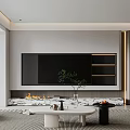 Modern Living Room With Large TV Fireplace White Coffee Table Green Plant And Wooden Accents