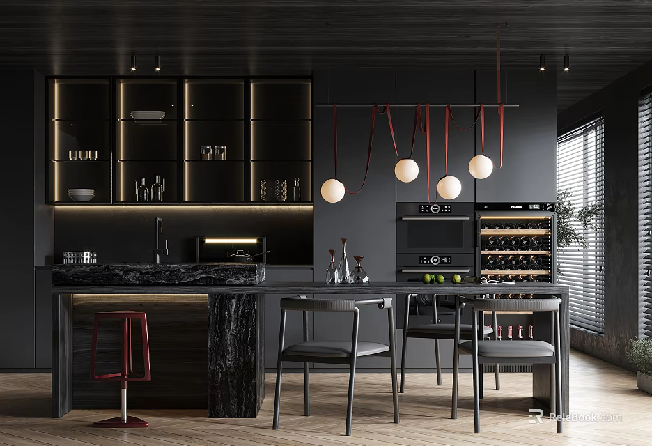 Modern Restaurant Interior With Open Kitchen Island Counter And Pendant Lights 3d model 