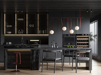 Modern Restaurant Interior With Open Kitchen Island Counter And Pendant Lights 3d model