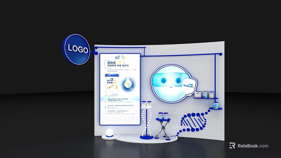 Modern Exhibition Booth Design With Logo Cartoon Robot DNA Strand Charts And Test Tubes 3d model 