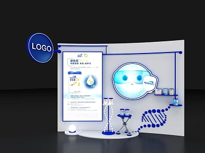 Modern Exhibition Booth Design With Logo Cartoon Robot DNA Strand Charts And Test Tubes 3d model