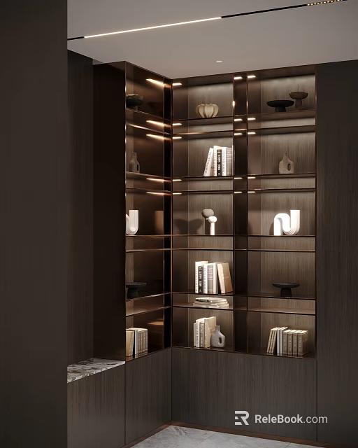 Modern Wooden Bookcase Design With Books Decorative Ornaments And Ambient Lighting 3d model 