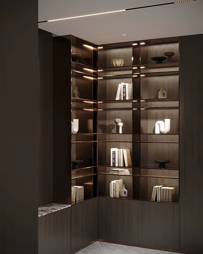 Modern Wooden Bookcase Design With Books Decorative Ornaments And Ambient Lighting 3d model