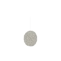 Two White Spherical Textured Chandeliers Glowing Against Black Background In Modern Interior