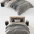 Modern Double Bed With Gray Comforter Brown Patterned Pillows And Side Nightstand 3d model
