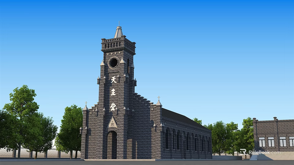 European Architecture Church Building With Tower And Brick Structure Surrounded By Trees Against Blue Sky 3d model 