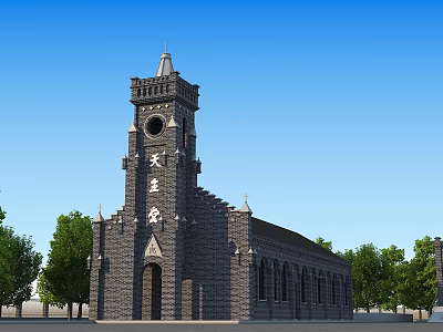 European Architecture Church Building With Tower And Brick Structure Surrounded By Trees Against Blue Sky 3d model