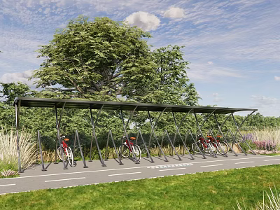Waterfront Landscape With Bicycle Shelter And Parked Bicycles Near Trees And Grass 3d model