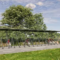 Waterfront Landscape With Bicycle Shelter And Parked Bicycles Near Trees And Grass