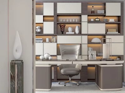 Elegant Modern Office Desk Workspace With Ergonomic Chair Bookshelves And Decorative Items 3d model