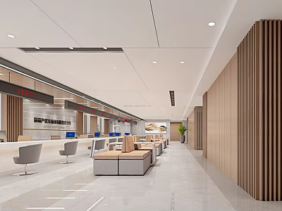 Spacious Modern Service Hall Interior With Bright Lighting Wooden Walls Reception Counters And Gray Seats 3d model