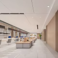 Spacious Modern Service Hall Interior With Bright Lighting Wooden Walls Reception Counters And Gray Seats