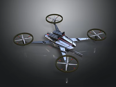 Futuristic Drone With Four Rotors And Sleek Metallic Airframe Design 3d model