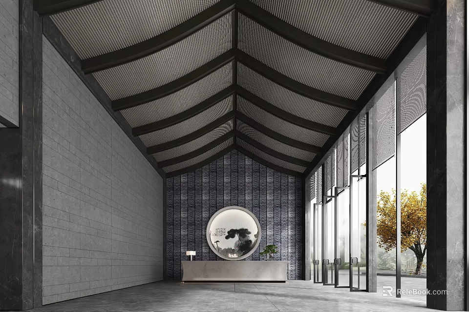 Hotel Lobby Interior with Vaulted Textured Ceiling Gray Brick Walls Round Mirror and Large Windows 3d model 