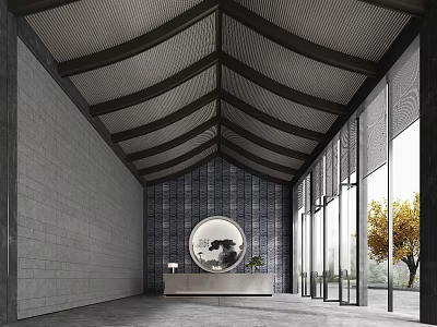Hotel Lobby Interior with Vaulted Textured Ceiling Gray Brick Walls Round Mirror and Large Windows 3d model