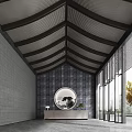 Hotel Lobby Interior with Vaulted Textured Ceiling Gray Brick Walls Round Mirror and Large Windows