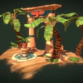 Cartoon Scene of Egyptian Style Arch with Columns Palm Trees and Sand Fountain