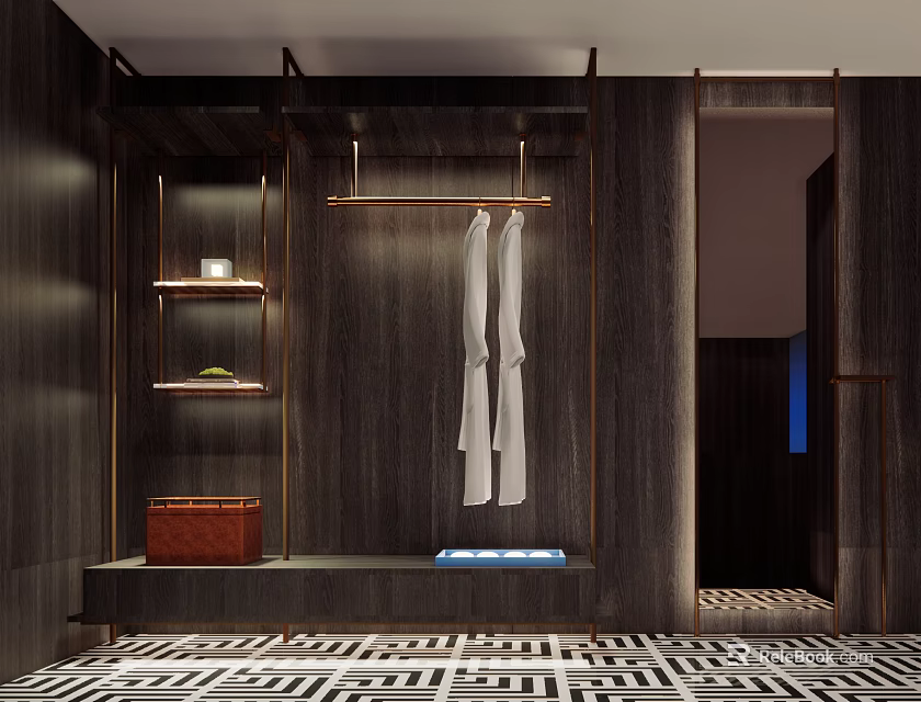 Hotel Room Featuring Dark Wooden Walls White Robes Clothing Rack Shelves And Geometric Floor Tiles 3d model 
