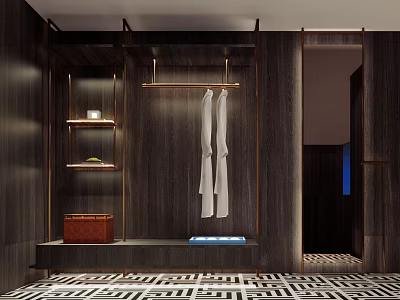 Hotel Room Featuring Dark Wooden Walls White Robes Clothing Rack Shelves And Geometric Floor Tiles 3d model