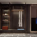 Hotel Room Featuring Dark Wooden Walls White Robes Clothing Rack Shelves And Geometric Floor Tiles