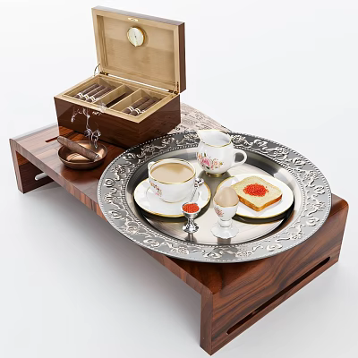 Breakfast Food Arrangement On Ornate Silver Tray With Coffee Toast Egg And Wooden Cigar Box 3d model
