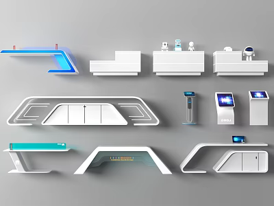 Sleek Modern Display Shelves In White With Blue Accents And Various Structural Designs 3d model