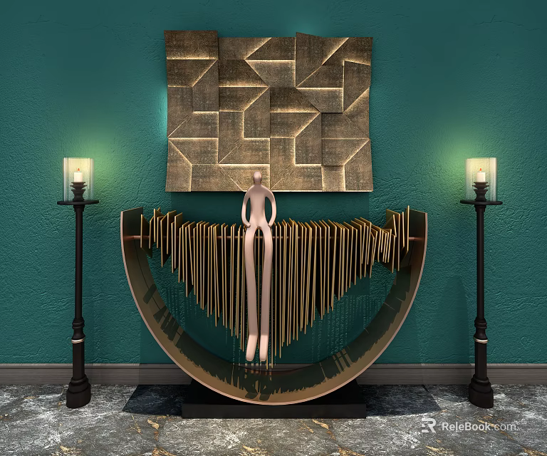 Curved Console Table With Hanging Strip Decor Figurine Statue Teal Wall Geometric Art Floor Lamps 3d model 