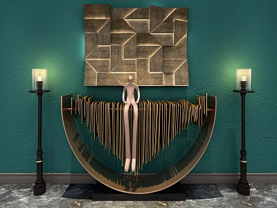 Curved Console Table With Hanging Strip Decor Figurine Statue Teal Wall Geometric Art Floor Lamps 3d model