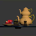 Stylish Gold Teapot With Teacups And Plate Featuring Red And Blue Items On Blue Tray