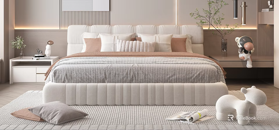 Modern Double Bed With Upholstered Headboard Decorative Pillows And Textured Bedspread In Cozy Bedroom 3d model 