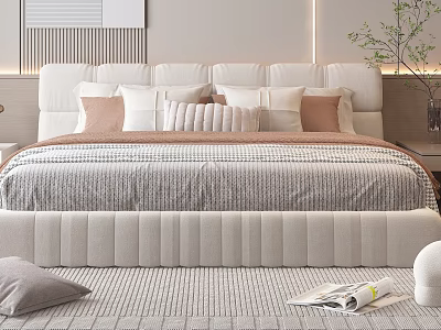 Modern Double Bed With Upholstered Headboard Decorative Pillows And Textured Bedspread In Cozy Bedroom 3d model