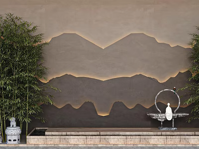 Garden Landscape Ornaments Design With Mountain Shaped Wall Bamboo Plants And Decorative Fountain 3d model